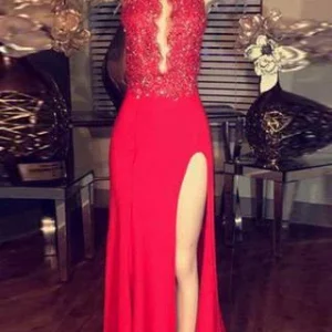 import placeholder for red lace high neck long slit prom dress 160218973