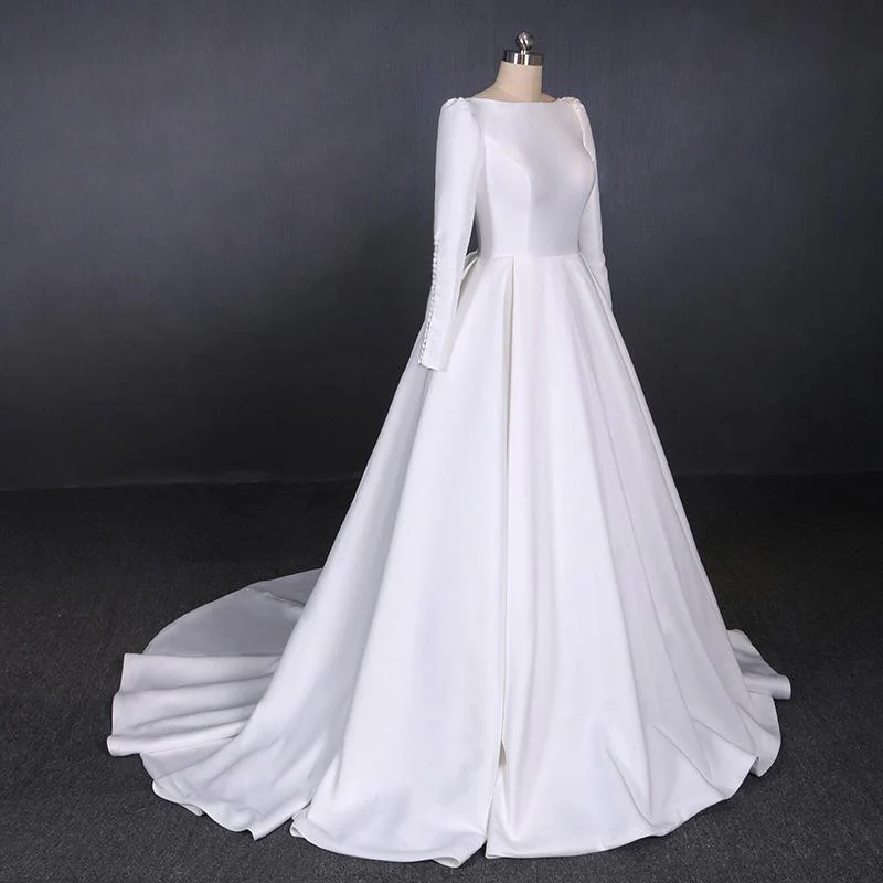 simple a line long sleeves satin wedding dress, new arrival white long bridal gown dmq13 simple a line long sleeves satin wedding dress, new arrival white long bridal gown dmq13
