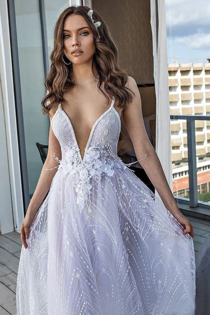 white deep v neck beach wedding dresses spahetti straps lace bridal dresses dmp89 white deep v neck beach wedding dresses spahetti straps lace bridal dresses dmp89