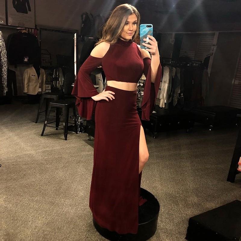 two piece mermaid cold shoulder long sleeves burgundy prom dress with split dmq54 two piece mermaid cold shoulder long sleeves burgundy prom dress with split dmq54