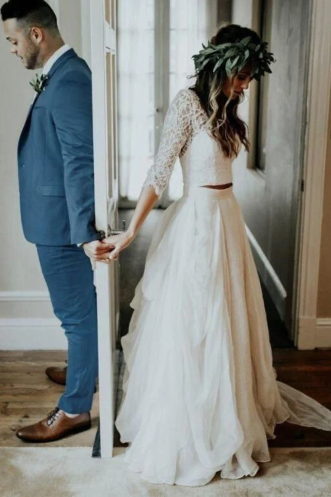 boho ivory chiffon 3/4 sleeves two piece cheap wedding dress dmn88 boho ivory chiffon 3/4 sleeves two piece cheap wedding dress dmn88