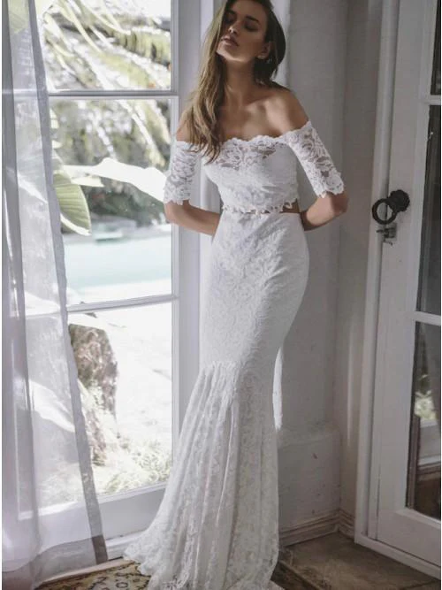 two piece mermaid off the shoulder lace wedding dress with sleeves dmr22 two piece mermaid off the shoulder lace wedding dress with sleeves dmr22
