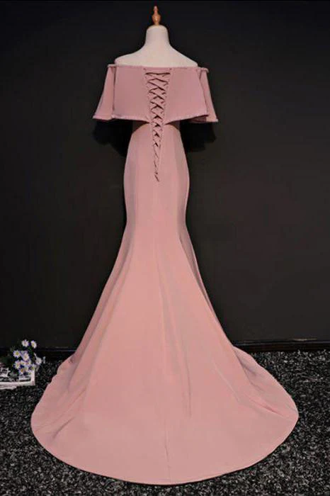 elegant trumpet mermaid off the shoulder floor length pink prom dress with slit dm631 elegant trumpet mermaid off the shoulder floor length pink prom dress with slit dm631