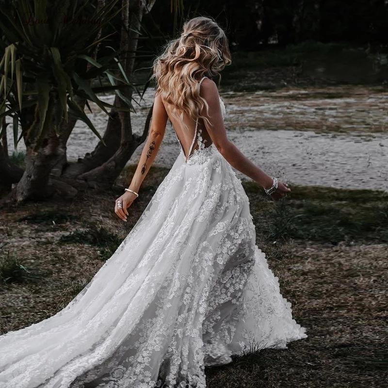 boho deep v neck a line lace wedding dresses with slit, spaghetti straps bridal gowns dmw13 boho deep v neck a line lace wedding dresses with slit, spaghetti straps bridal gowns dmw13