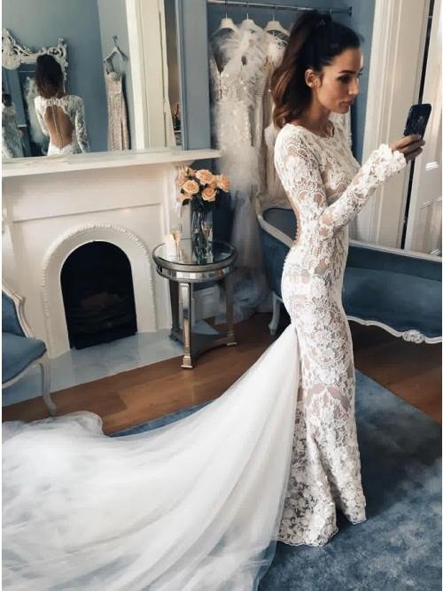 mermaid crew long sleeves illusion back lace wedding dress dml15 mermaid crew long sleeves illusion back lace wedding dress dml15