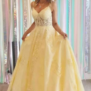 import placeholder for yellow lace appliques a line tulle prom 160218608