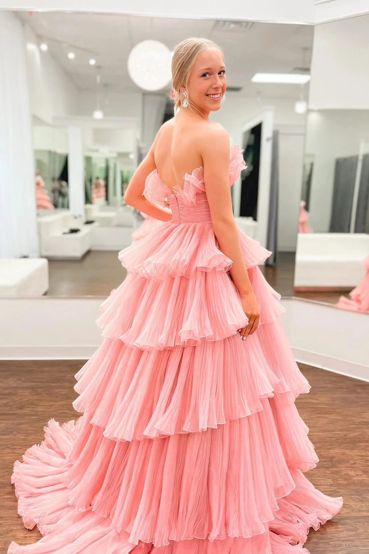 a line strapless pink ruffle layers tulle long prom dress evening dresses dmp316 a line strapless pink ruffle layers tulle long prom dress evening dresses dmp316