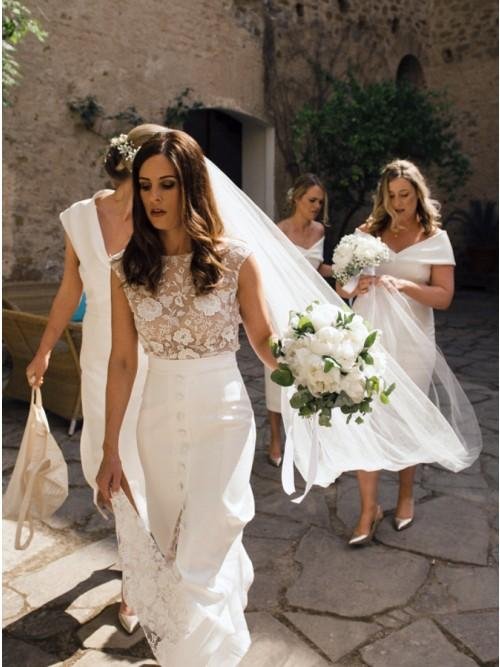 sheath bateau cap sleeves sweep train lace wedding dress with split dmr36 sheath bateau cap sleeves sweep train lace wedding dress with split dmr36