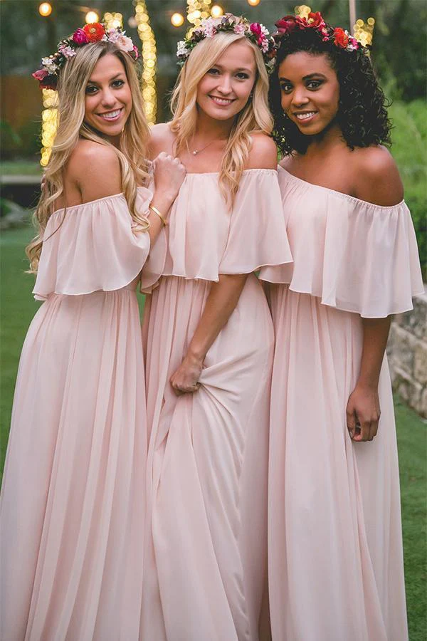 simple pink off the shoulder pink ruffles long bridesmaid dresses dma55 simple pink off the shoulder pink ruffles long bridesmaid dresses dma55