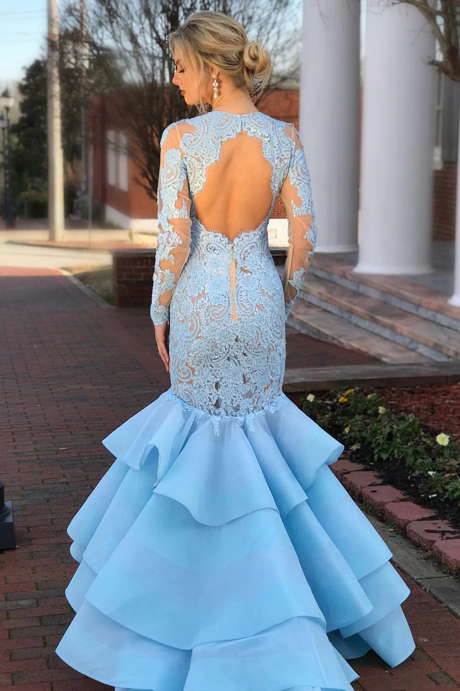 elegant long sleeves mermaid blue lace layered prom dress with open back dma36 elegant long sleeves mermaid blue lace layered prom dress with open back dma36