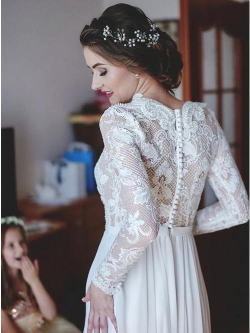 modest a line lace appliques long sleeves chiffon elegant wedding dress dmh87 modest a line lace appliques long sleeves chiffon elegant wedding dress dmh87