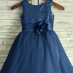 Wedding Party Dresses import placeholder for a line round neck navy blue tulle flower 160220914