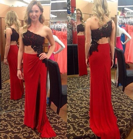 black lace one shoulder red sexy prom dress,long party dresses dme54 black lace one shoulder red sexy prom dress,long party dresses dme54