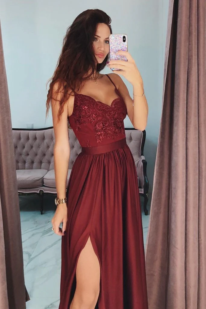 burgundy a line v neck long spaghetti strap split prom dresses with lace dmh74 burgundy a line v neck long spaghetti strap split prom dresses with lace dmh74