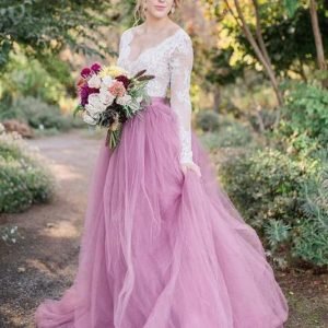 Wedding Dresses import placeholder for a line v neck long sleeves pink tulle we 160220087