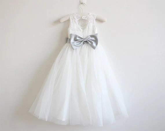 light ivory lace tulle sleeveless long flower girl dress with silver sash/bowss dm214 light ivory lace tulle sleeveless long flower girl dress with silver sash/bowss dm214