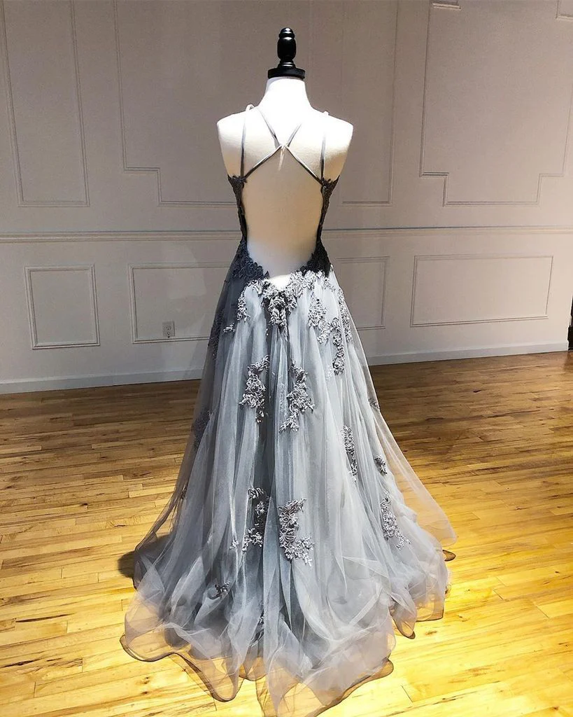 a line spaghetti straps lace appliques grey tulle long prom dresses party dresses dmr70 a line spaghetti straps lace appliques grey tulle long prom dresses party dresses dmr70