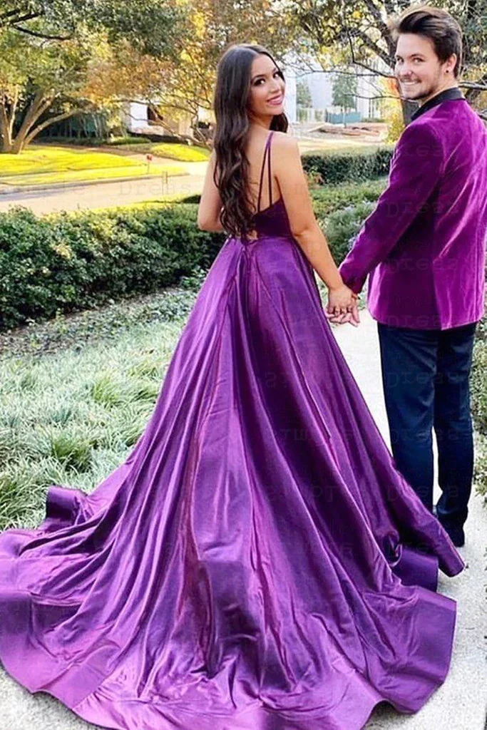 v neck backless purple aq line satin long prom dress with high slit dm1966 v neck backless purple aq line satin long prom dress with high slit dm1966