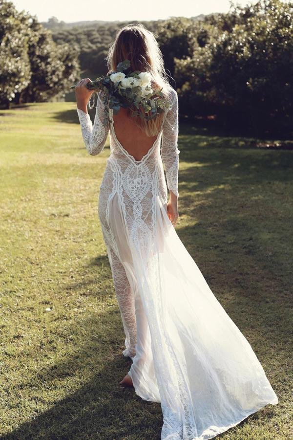 off white sheath long sleeve backless lace wedding dress,summer beach wedding dress dma54 off white sheath long sleeve backless lace wedding dress,summer beach wedding dress dma54