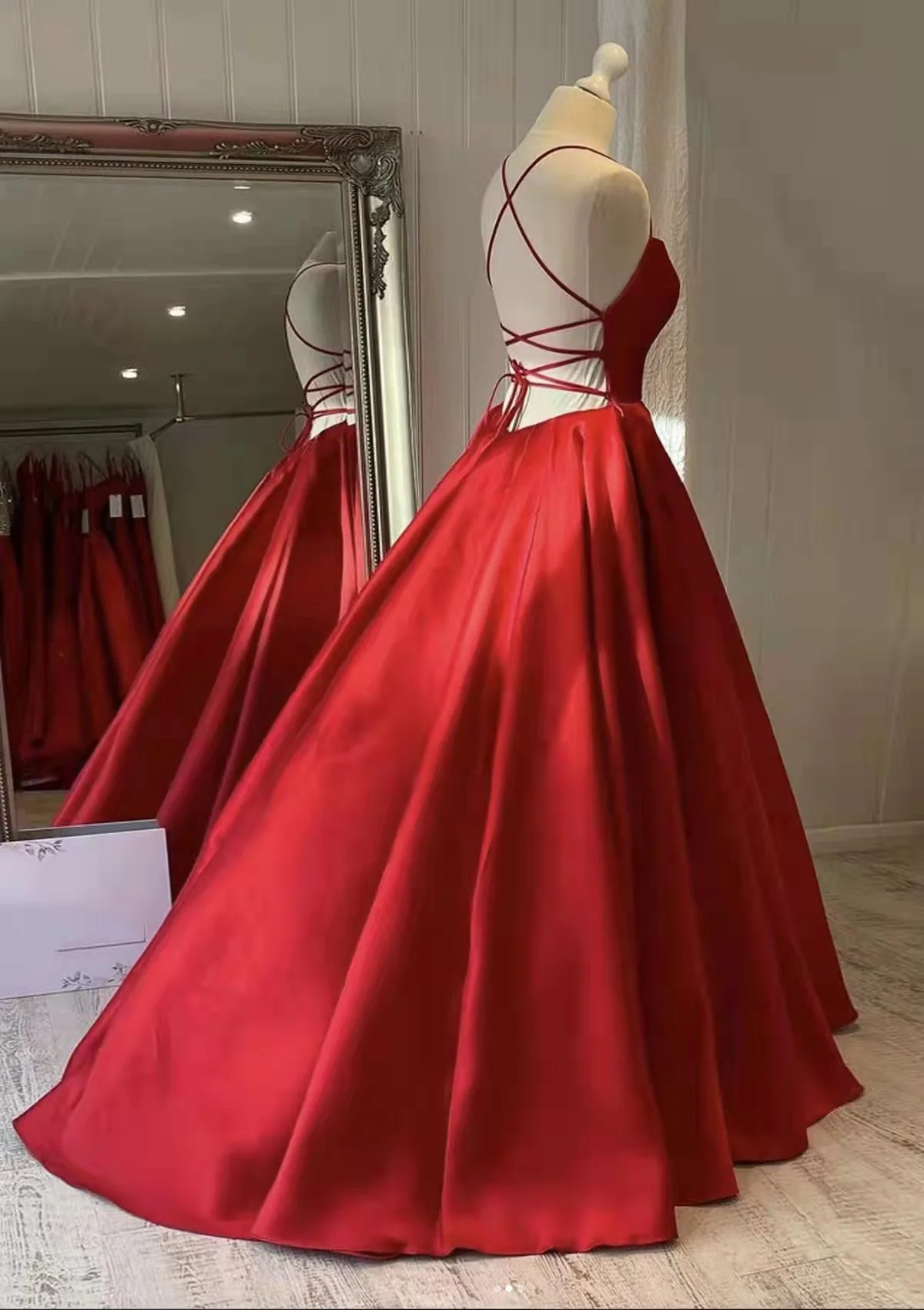 red satin spaghetti straps a line long prom dresses, simple formal evening gown dmp165 red satin spaghetti straps a line long prom dresses, simple formal evening gown dmp165