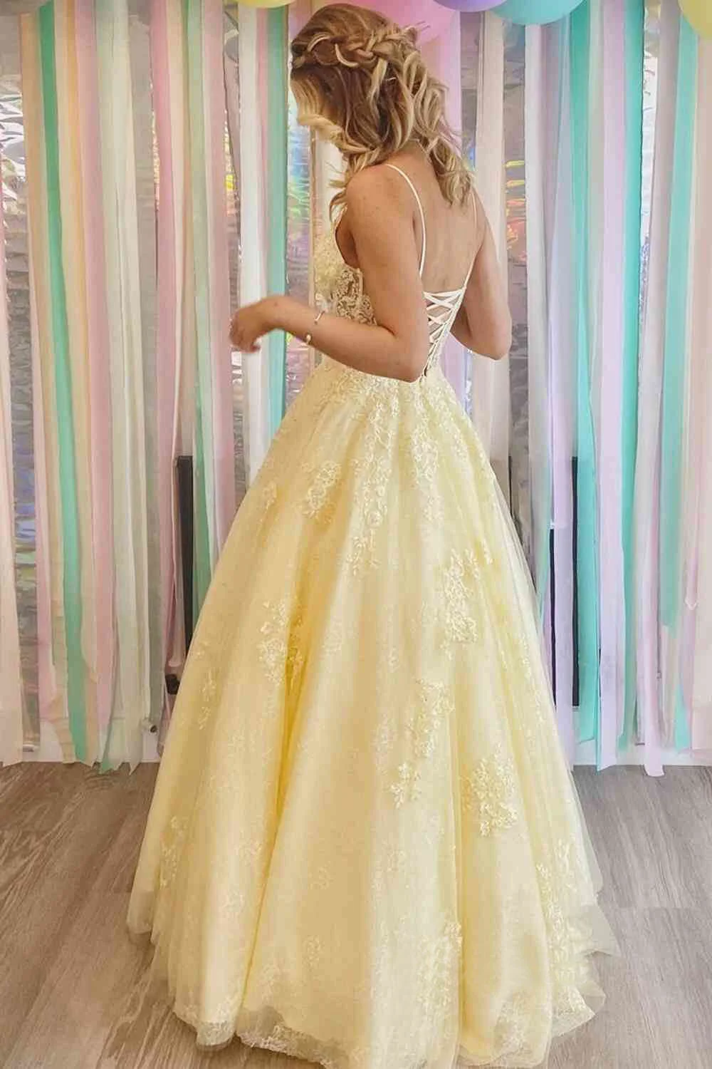 yellow lace appliques a line tulle prom dresses spaghetti strap formal gown dm1971 yellow lace appliques a line tulle prom dresses spaghetti strap formal gown dm1971