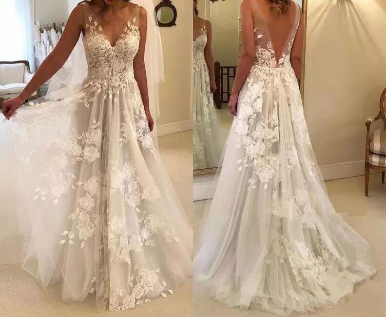 elegant a line v neck tulle floor length wedding dresses with lace appliques dmc94 elegant a line v neck tulle floor length wedding dresses with lace appliques dmc94