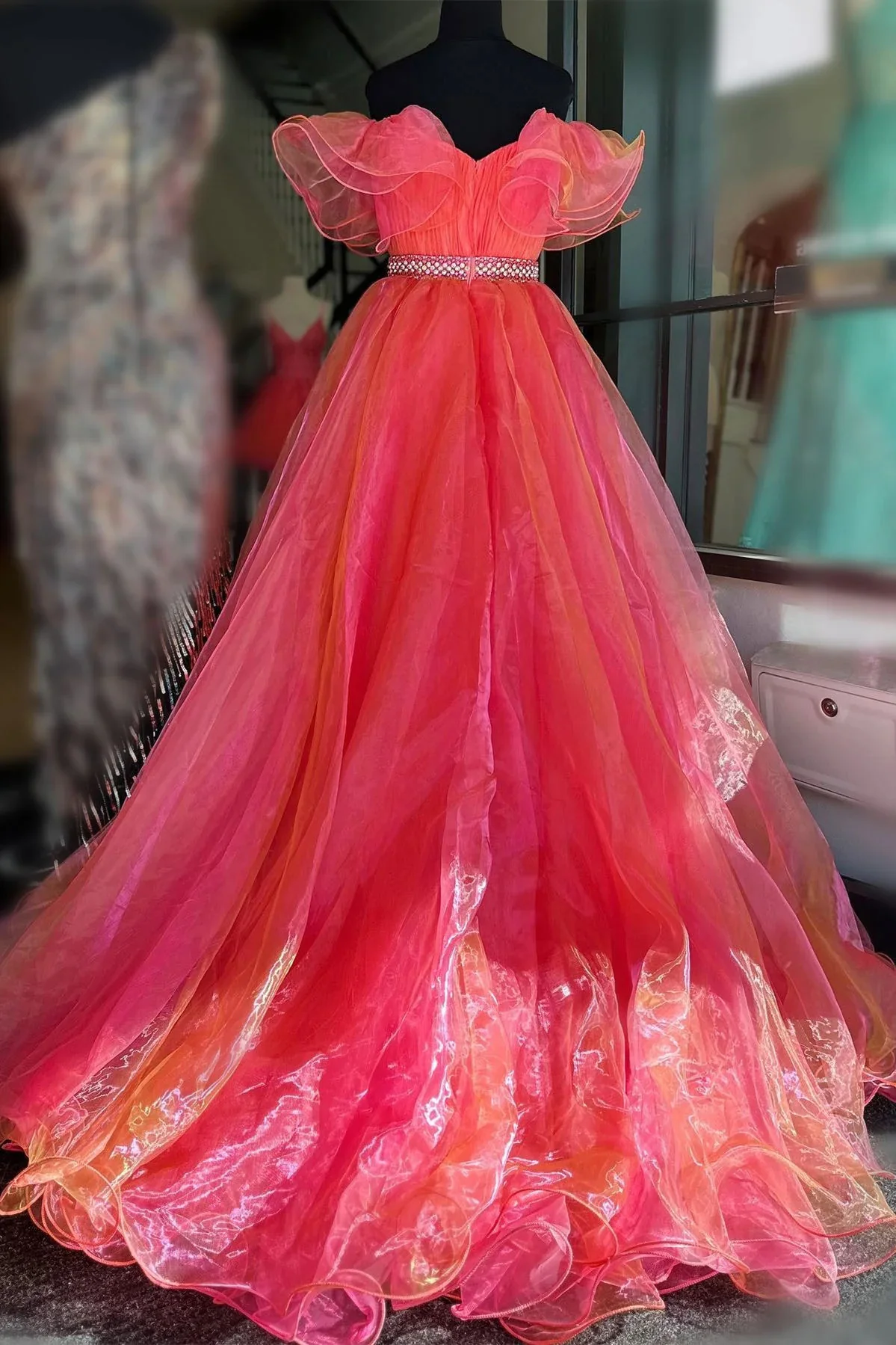 coral off the shoulder organza ruffle hi low prom dress evening gown dmp313 coral off the shoulder organza ruffle hi low prom dress evening gown dmp313