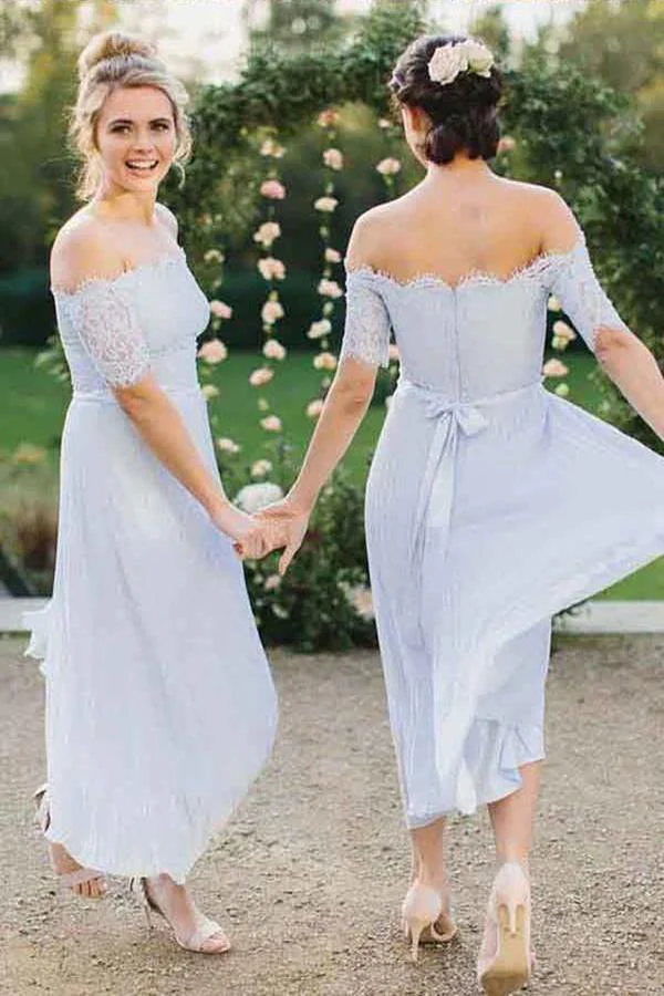 a line off the shoulder short sleeve pleated chiffon bridesmaid dress with lace dmi45 a line off the shoulder short sleeve pleated chiffon bridesmaid dress with lace dmi45
