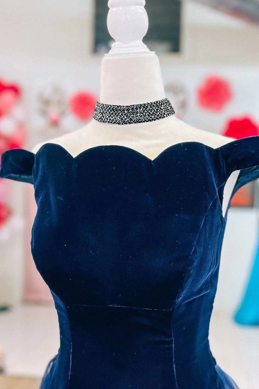 elegant navy velvet off the shoulder mermaid long prom gown with attached train dm1895 elegant navy velvet off the shoulder mermaid long prom gown with attached train dm1895