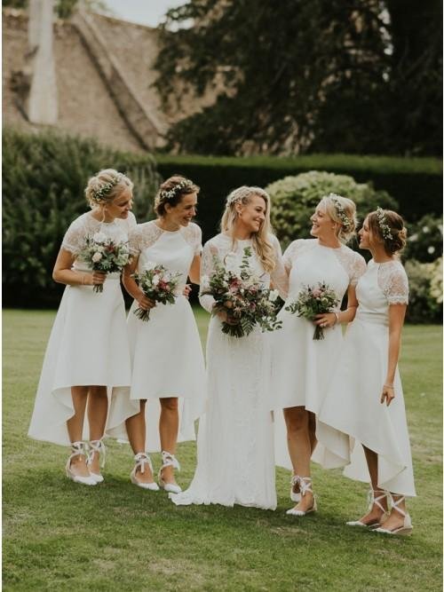 a line short sleeves hi low off white satin bridesmaid dress with lace dmr88 a line short sleeves hi low off white satin bridesmaid dress with lace dmr88