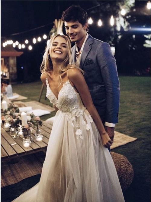 a line spaghetti straps backless sweep train boho wedding dress with appliques dmr41 a line spaghetti straps backless sweep train boho wedding dress with appliques dmr41