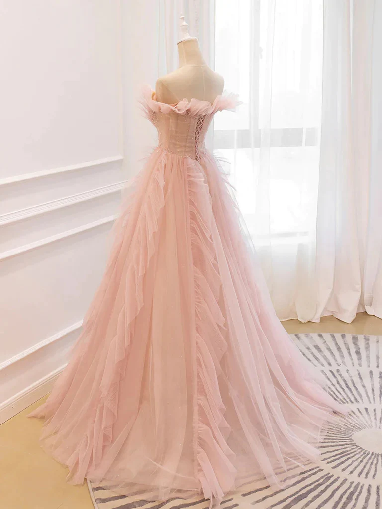 elegant off the shoulder pink tulle long prom dresses, formal evening dresses dmp320 elegant off the shoulder pink tulle long prom dresses, formal evening dresses dmp320