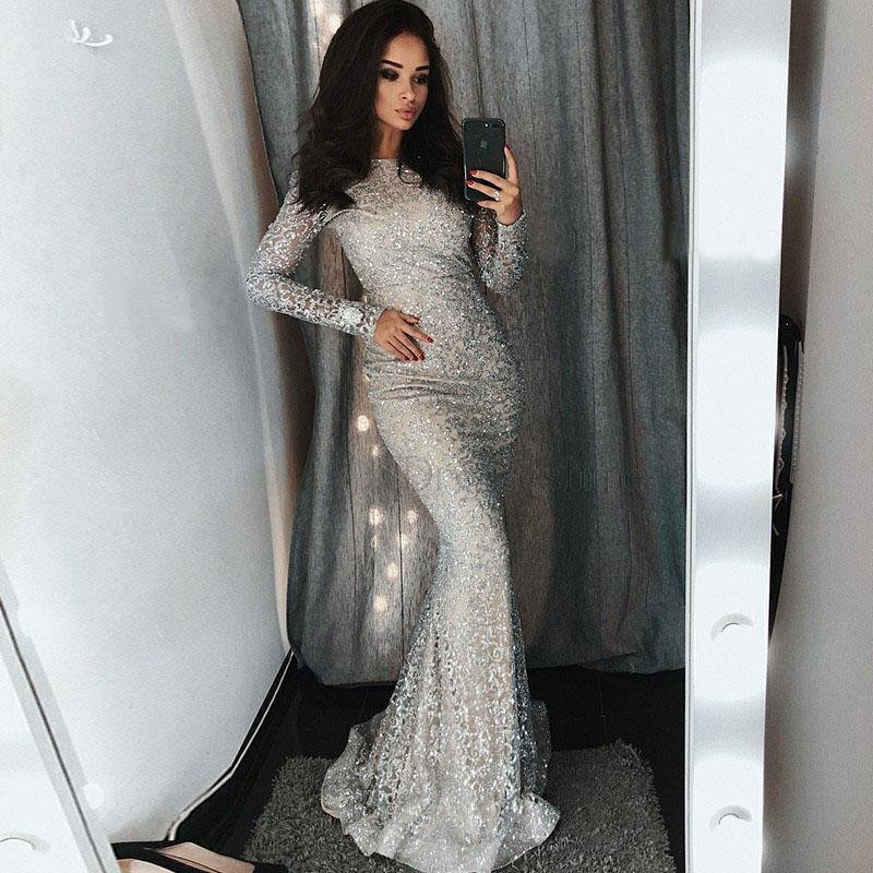 mermaid bateau sliver lace long sleeves evening prom dress with sequins dmf33 mermaid bateau sliver lace long sleeves evening prom dress with sequins dmf33