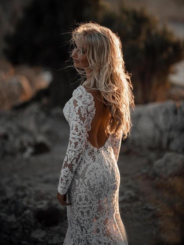 long sleeve lace v neck backless mermaid boho wedding dresses,beach wedding gown dmh77 long sleeve lace v neck backless mermaid boho wedding dresses,beach wedding gown dmh77
