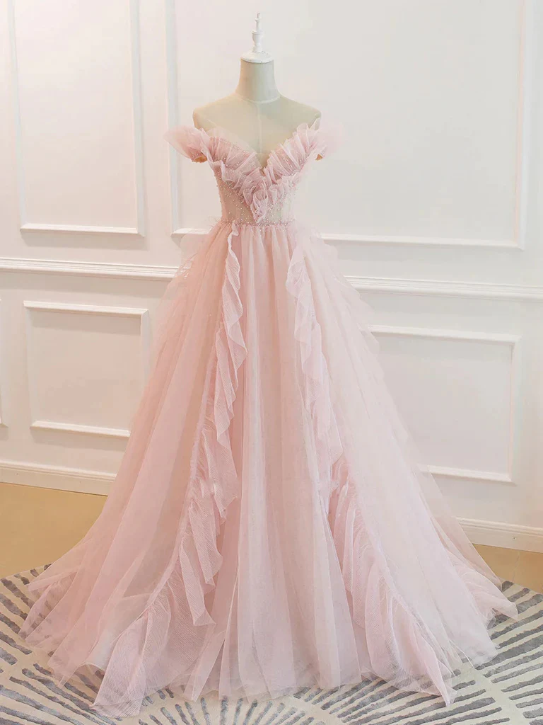elegant off the shoulder pink tulle long prom dresses, formal evening dresses dmp320 elegant off the shoulder pink tulle long prom dresses, formal evening dresses dmp320