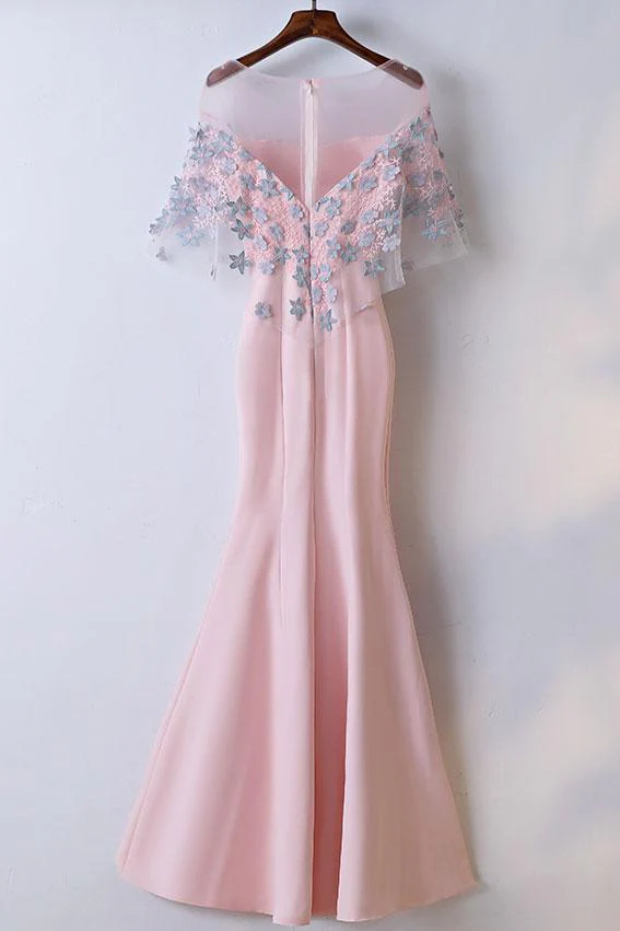 elegant pink round neck short sleeve satin lace applique long prom dress dm649 elegant pink round neck short sleeve satin lace applique long prom dress dm649