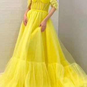 Evening Dresses import placeholder for a line off the shoulder yellow tulle lon 160218773