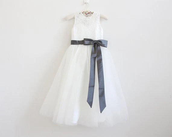 light ivory lace tulle long sleeveless flower girl dress with dark grey sash/bows dm212 light ivory lace tulle long sleeveless flower girl dress with dark grey sash/bows dm212