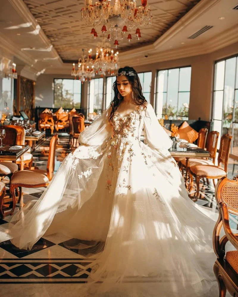 light champage a line tulle long prom dress with flowers pruffy sleeves party dress dm1890 light champage a line tulle long prom dress with flowers pruffy sleeves party dress dm1890