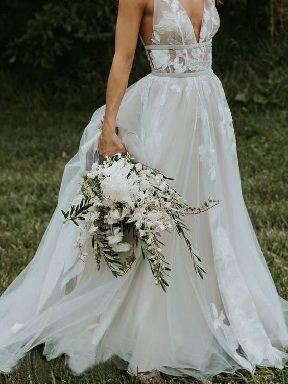 deep v neck flower applique wedding dresses ivory a line wedding gowns dmp87 deep v neck flower applique wedding dresses ivory a line wedding gowns dmp87