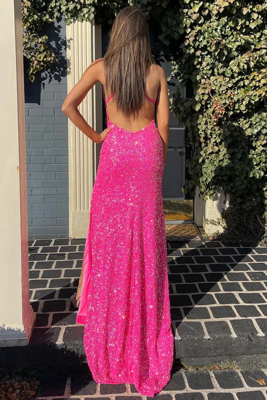 hot pink sequined v neck mermaid backless long prom dresses with slit dmp209 hot pink sequined v neck mermaid backless long prom dresses with slit dmp209