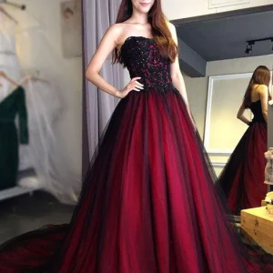 Evening Dresses import placeholder for burgundy lace tulle a line strapless lon 160220590