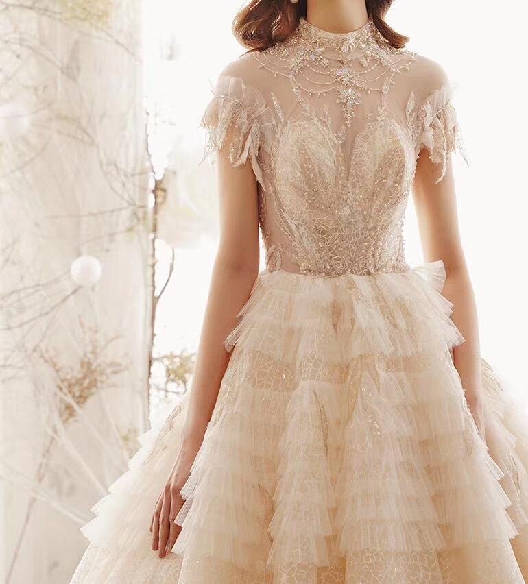 princess high neck ball gown wedding dresses, short sleeves bridal dress dmk1 princess high neck ball gown wedding dresses, short sleeves bridal dress dmk1