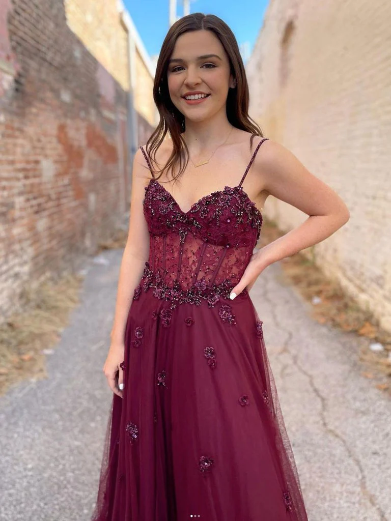 burgundy a line spaghetti straps long prom dresses, tulle evening dresses with flowers dmp050 burgundy a line spaghetti straps long prom dresses, tulle evening dresses with flowers dmp050