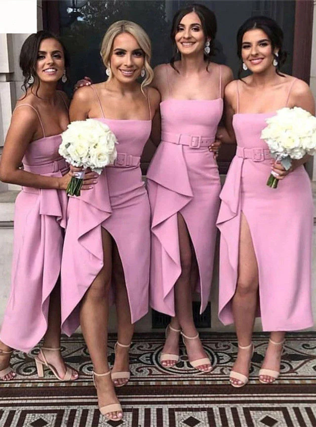 a line satin pink high low length leg slit bridesmaid dresses with belt dm1839 a line satin pink high low length leg slit bridesmaid dresses with belt dm1839