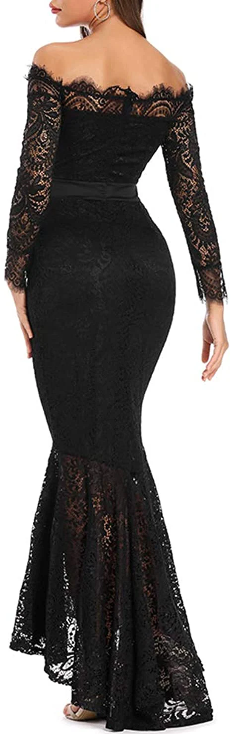 mermaid black elegant off the shoulder long lace long sleeves sexy prom dress dm141 mermaid black elegant off the shoulder long lace long sleeves sexy prom dress dm141