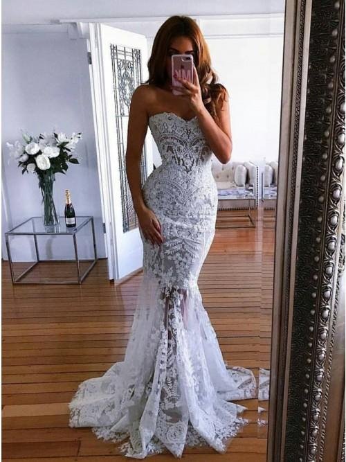 charming mermaid sweetheart sweep train lace wedding dress with appliques dmk42 charming mermaid sweetheart sweep train lace wedding dress with appliques dmk42