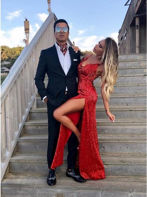 sheath spaghetti straps backless red sequined prom dress with split dmp8 sheath spaghetti straps backless red sequined prom dress with split dmp8