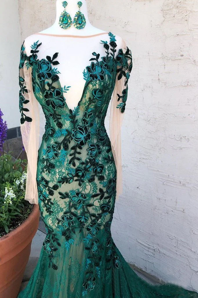 mermaid dark green prom dresses with long sleeves illusion neck party dresses dms6 mermaid dark green prom dresses with long sleeves illusion neck party dresses dms6