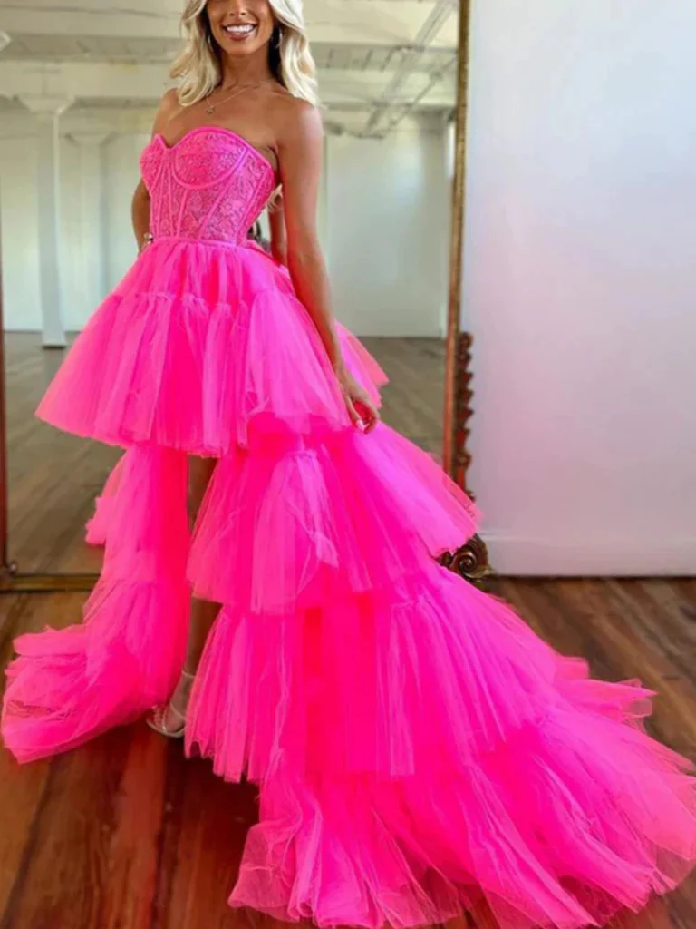 hot pink sweetheart layers high low prom dresses, formal evening dresses dmp345 hot pink sweetheart layers high low prom dresses, formal evening dresses dmp345